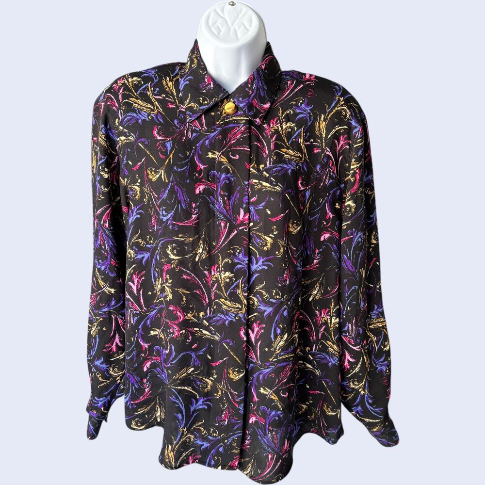 Maggie Lawrence Vintage Abstract Baroque Blouse - Black Gold Floral 90s Classic